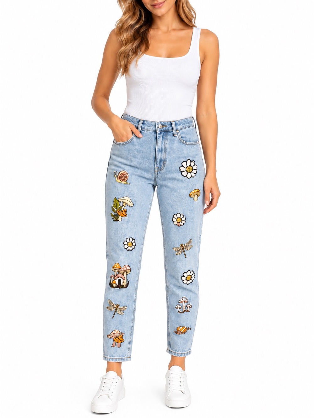 Hot Topic Light Blue High-Rise Jeans with Floral & Mushroom Embroideries